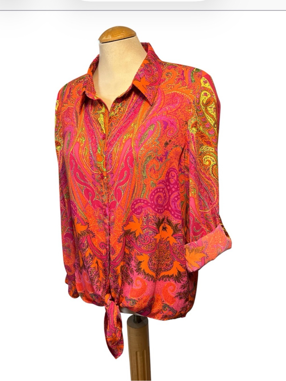 Vibrant Paisley Long Sleeve Shirt Blouse Sz M 70's 80's Vibe Button Up Tie Front